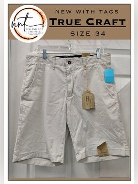 True Craft Men’s Flex Fit Chino Shorts Size 34W NWT Stone Beige 11” Inseam